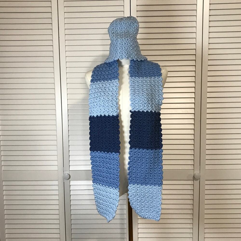NWT Handmade Crochet Textured Winter Shade of Blue Scarf 64” & Beanie